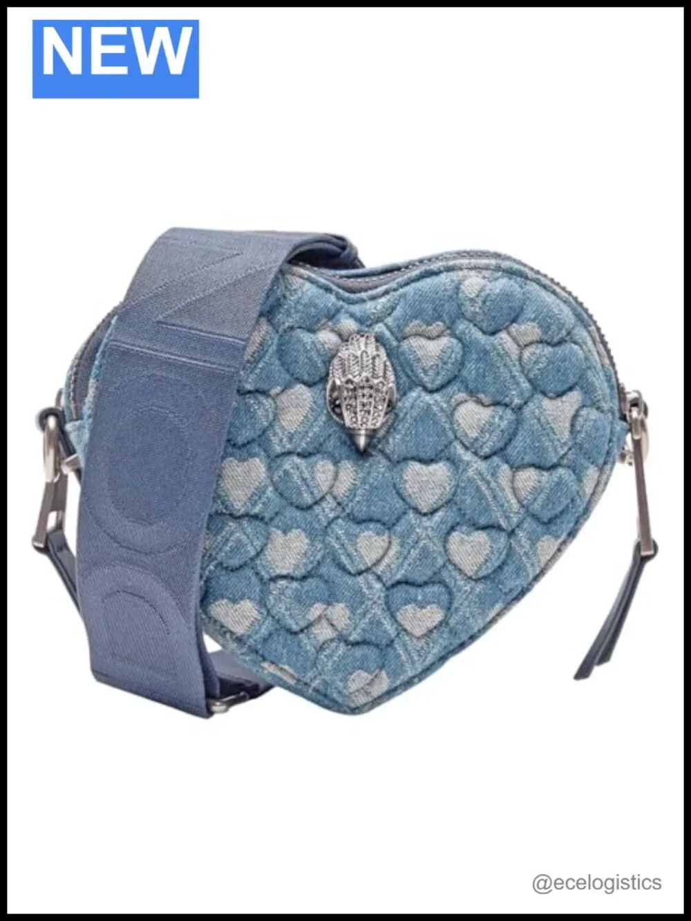 Denim Heart Crossbody Bag with Chain Strap, Zip Closure, Slash Pocket
